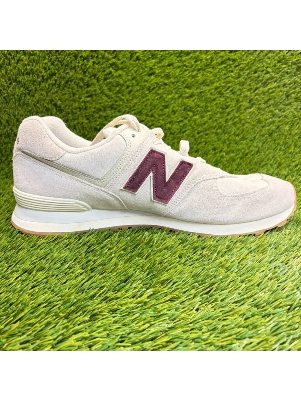 New Balance 574 Mens Size 13 Cream Burgundy Athletic Walking Shoes Sneakers